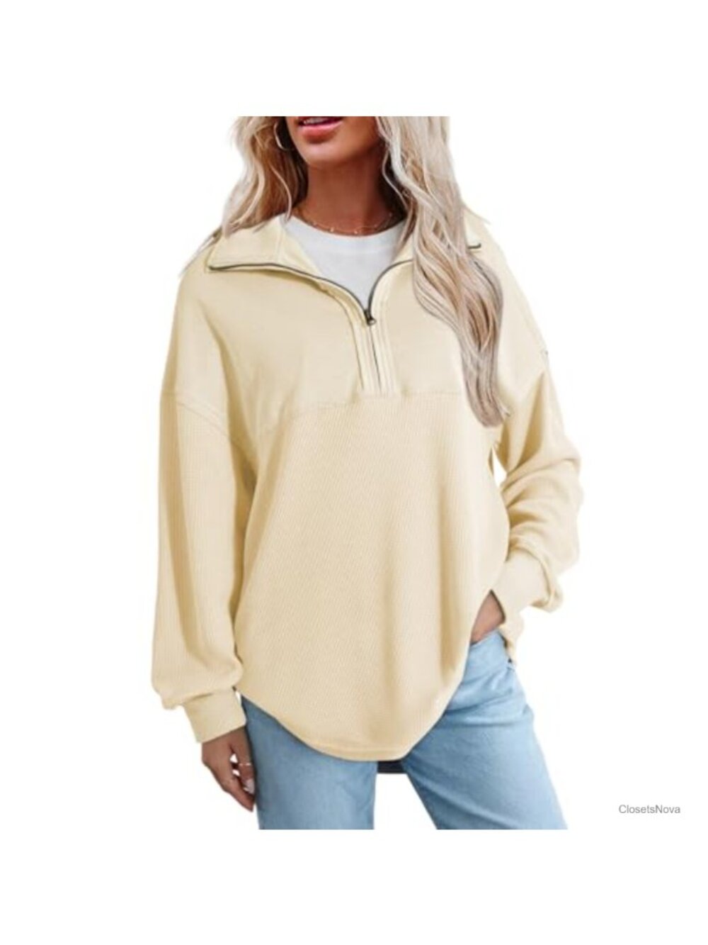 Half Zip Pullover Sweatshirt Oversized Drop Shoulder Fall Casual